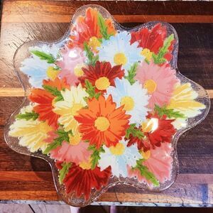 Vintage Spring Flower Dish with Scalloped Edges, Orange, Yellow, Green